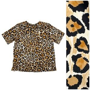 VTG 90s Jordan Leopard Boxy Blouse Sz S Animal Print Short Sleeve Shoulder Pads